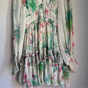 Hemant and nandita, size small, tropical paradise mini dress, flowy sheer sleeve
